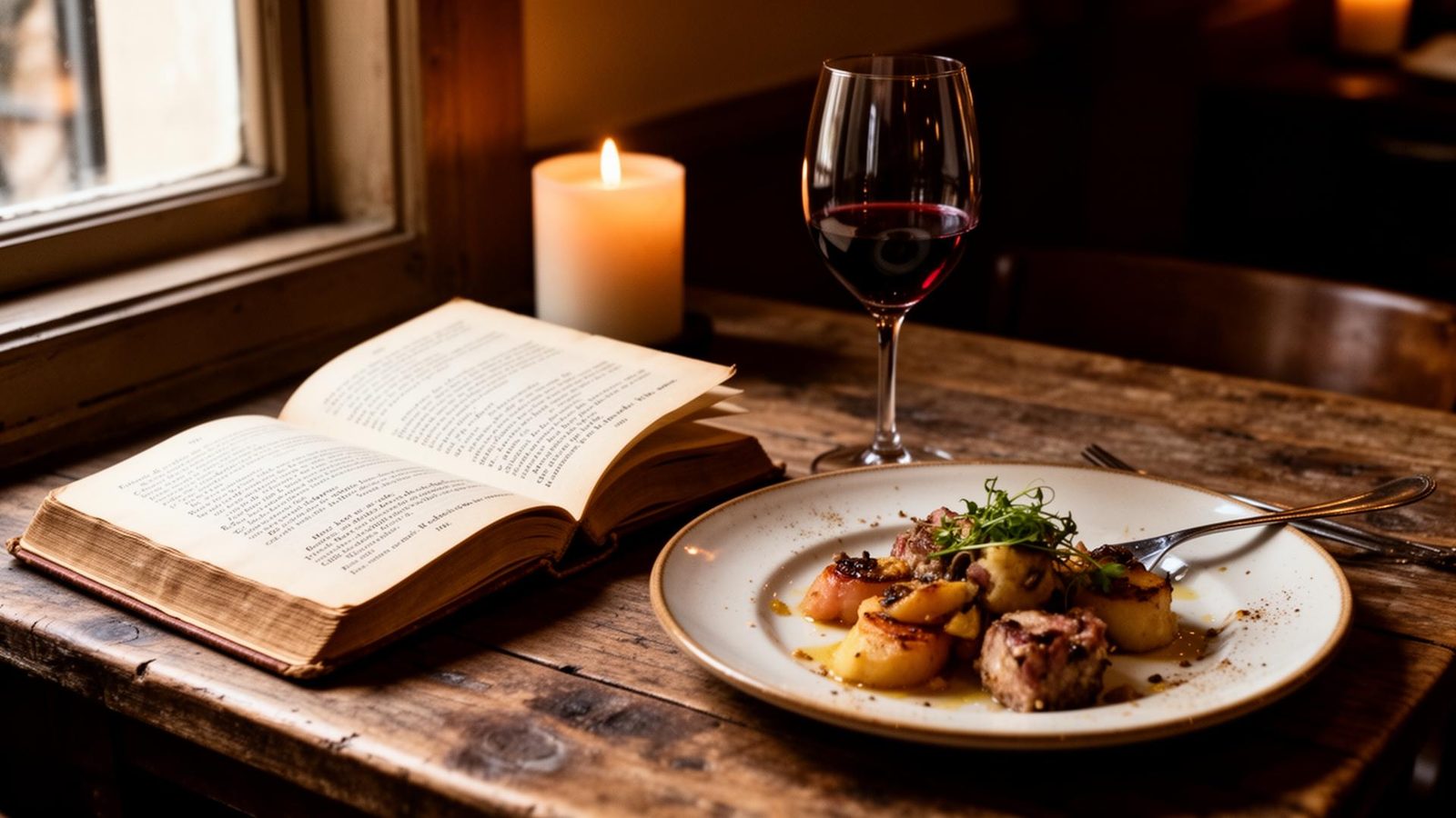 Llibre obert i copa de vi a la sobretaula