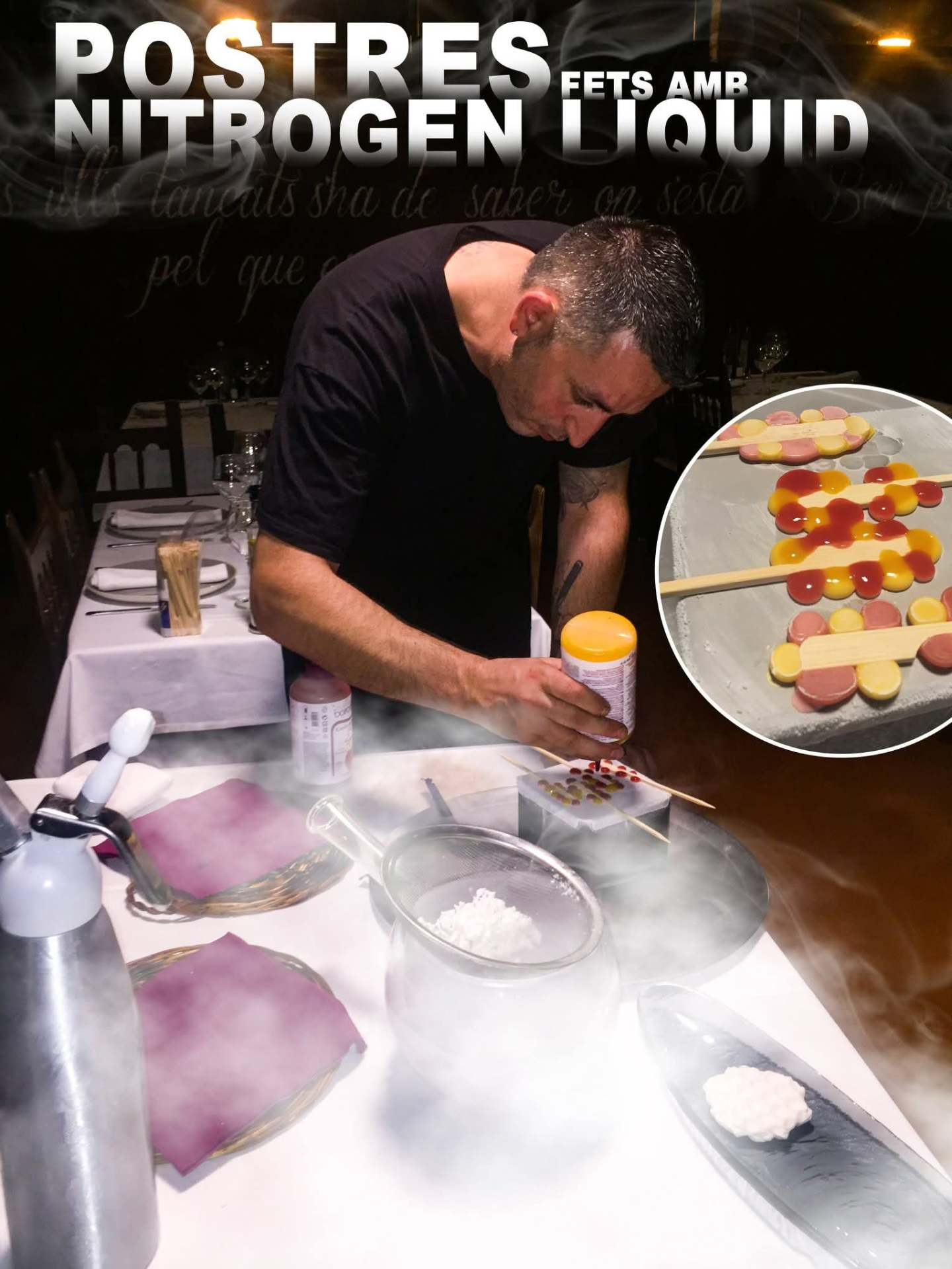 David Garriga preparant postres amb nitrogen líquid a El Pastoret